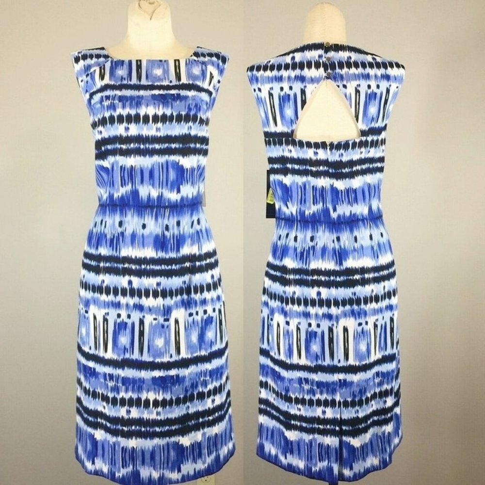 Tahari Arthur S. Levine Dress 8 NWT Linen Rayon Blue Abstract Sleeveless Sheath